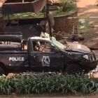 A damaged police truck at Central Police Station at Kampala, Uganda after the terrorists bombed Kampala.<br />One fails to understand what all these African antagonists are fighting for? As this article says it all as clear as day light, the fight against terrorism on the American soil ended some years back when the USA hunted down Bin Laden and killed him and buried him in the sea. America has now moved on from such inhuman misadventures. It sounds absurd indeed that up to now the USA is providing military financial assistance to many poor African countries to continue to fight global terrorism in their own countries. These countries are even killing their own country men in the hope that such Bin Laden global terrorism disappears from all the corners of this planet since 25 years ago and still counting!