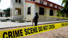 A police crime scene tape is seen in front of St. Francis Catholic Church where gunmen attacked worshippers during a Sunday mass service in Owo, Ondo, Nigeria last year 6th June, 2022.<br />It is becoming very clear that the colonial policy of removing African citizens from the right to arms is giving these African liberators of the Boko Haram militants a free hand to kill unarmed villagers anyhow and as they wish. As if Boko created humanity on this earth.<br /><br />The dodgy Nigerian politicians fear to provide arms to these villagers so that they can defend themselves. And they know very well why they fear to give armament to these villagers.<br /><br />Therefore such killings of innocent people of this world will continue to go on until Jesus Christ comes back to Nigeria!<br /><br />If the Nigerian Federal Government wants the village people to be killed by Boko Haram for ever, these African villagers must revert to their Ancient great grand parents&#039; military tactics they know best.<br /><br />Let them pull out their spears and bow and arrows. Let them sit down with their elders and learn and train on how to fight off this menace.<br /><br />Those days of waiting for America, ECOWAS, AU, Britain or Russia to come and fight and defend their rights in a free country of Nigeria are over!